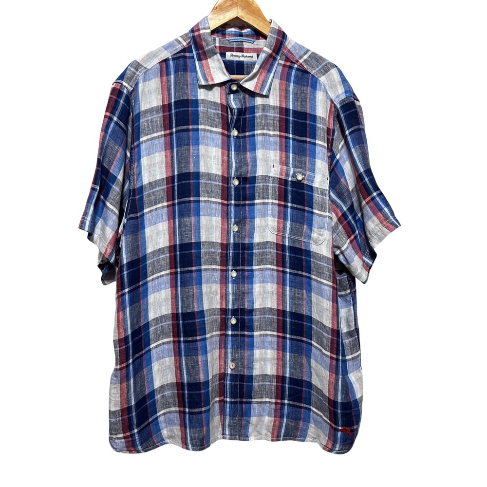 Tommy Bahama Mens Linen Button Front Shirt XL Red Blue Plaid Camp Collar Coastal